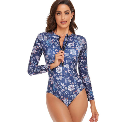 Womens Athletic One Piece Swimsuits Rashguard Long Sleeve Swimsuit Sports Surfing Swimwear Bathing Suits Printed Half Zipper XXL
