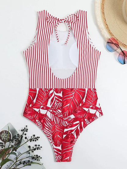 One Piece Swimsuit Women Striped Print Beachwear Hollow Out Lace Up Monokini Summer 2026 Bikinis Beach Fashion Bodysuit