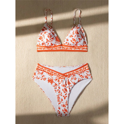 Flowers Printed High Cut Mid Waist Bikini Female Swimsuit Women Swimwear Two-pieces Bikini set Bather Bathing Suit Swim