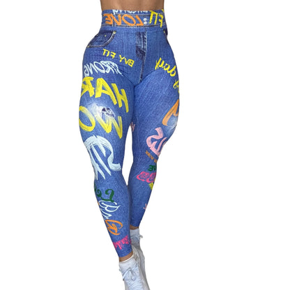 Women Semales Slim Legging Imitation Denim Printed High Waist Yoga Pants