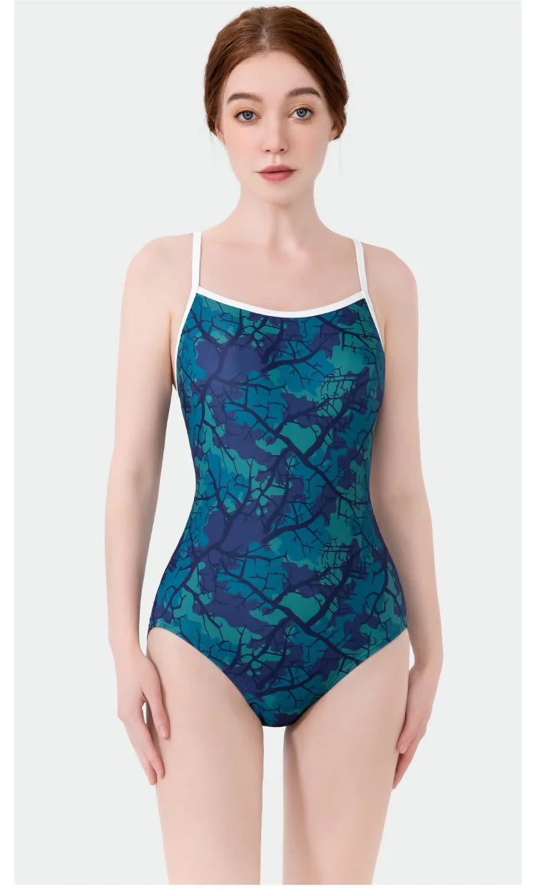Women Vintage Racing One-piece Swimwear Sun Protection Professional Competition Flower Printed Swimsuit Training Bikini