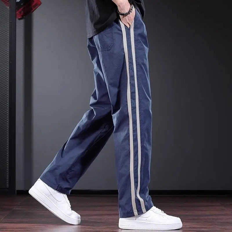 Edge Measuring Striped Casual Pants Design Loose Straight Trousers Trendy Blue Men's Pants
