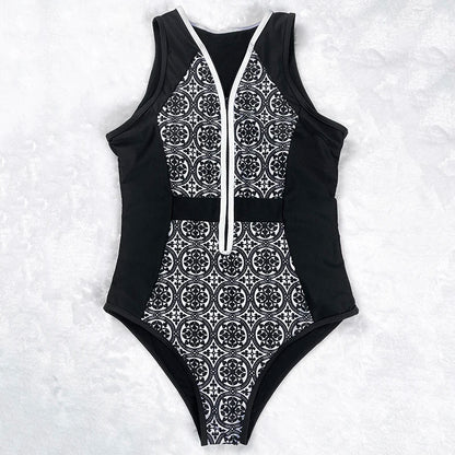 Vintage One Piece Swimsuit Retro Zipper Swimwear Bathing Suits Women Hot Plus Size XL Bodysuit Monokini Beachwear