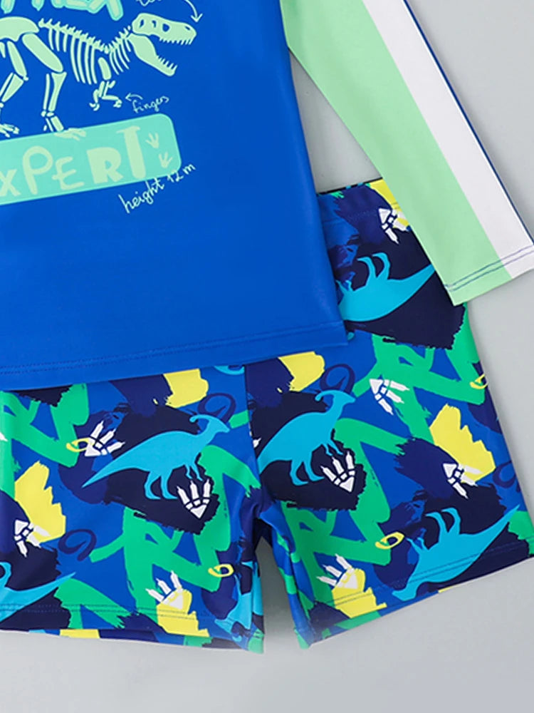 Boy Kids Swimsuit Solid Print Long Sleeves Two Piece Children Swimwear Summer Shorts Beach Wear Bathing Suit Swimming