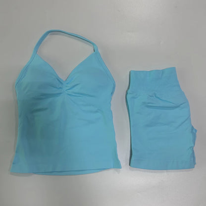 2Pcs Gym Set Women Backless Tank Tops High Waist Scrunch Seamless Shorts Gym Suit Fitness Clothes Activewear Workout Set