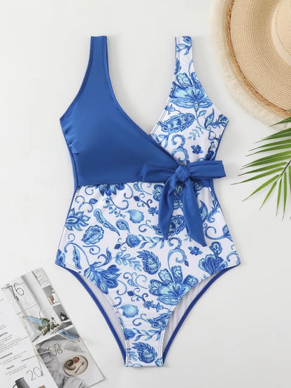 Strappy Swimsuit Women One Piece Color Block Backless Swimwear Female Knot Front Monokini Bathing Swimming Suit Beachwear