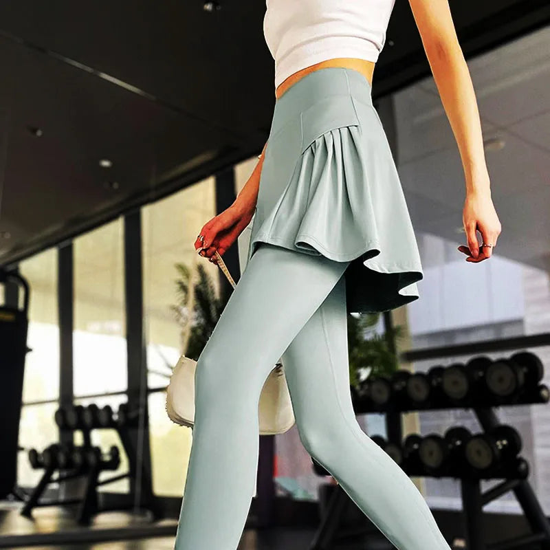 Side Ruched Women Tennis Skirted Leggings with Pockets Capris Yoga Leggings with Skirts Tennis Pickleball Clothing