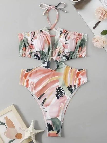 High Cut Out Swimsuit Women One Piece Halter Ruffle Swimwear Female Monokini Bathing Swimming Suit Padded Beachwear