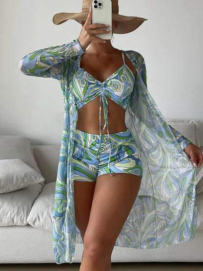 3 Pieces  Print Bikini Women High Waist Swimsuit Cover Up Swimwear Female Lady Bathing Suit Swimming Summer Beachwear
