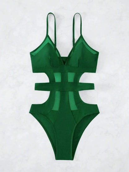 Women's Cut Out Waist Contrast Mesh Swimsuit, Summer Beach Swimwear, Bathing Suit for Women