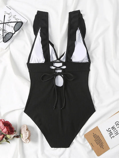 Ruffle Swimsuit One Piece Solid V-neck Backless Swimwear Women Bathing Swimming Swim Suit Female Padded Beach Wear Summer