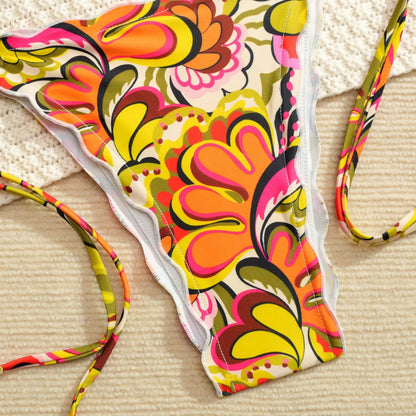 Orange Floral Print Micro Bikini Women Ruffles Push Up Bra Tie Side Thong Swimsuit Beach Bathing Suit Holiday Swimwear