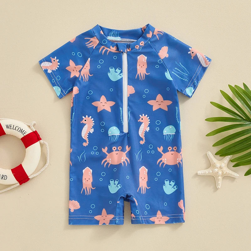 0-36months Toddler Boys Rash Guard Swimwear Cartoon Marine Print Swimsuits For Boys Front Zipper One_piece Bathing Suits