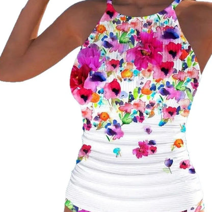 Floral Printed Tankini Bikini Set Tummy Control High Waist Bottom & Triangle Vest Top Women's Swimwear for Beach & Pool Shirts