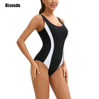 Riseado Modest Swimwear One Piece Sports Swimsuit with Pocket High Waist Racerback Athletic Bathing Suit