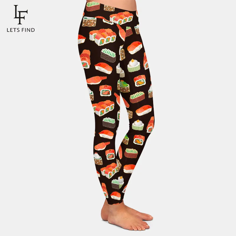 Design 3D Sushi Print Women High Waist Leggings Elastic Workout Fitness Slim Black Leggings
