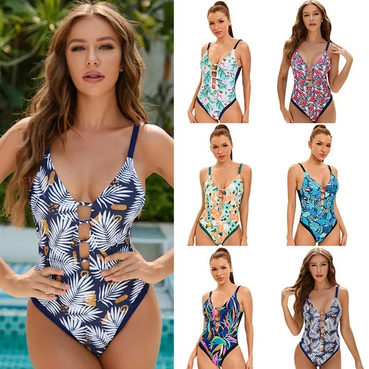 One Piece Swimsuit Swimwear Women Leaf Floral Print V-neck Hollow  Bathing Suit Beachwear Bathers