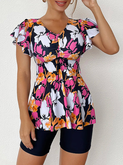 Printed Tankini Set Two Piece Swimsuit Women Tie Front Drawstring Swimwear Female Bathing Swimming Suit Beachwear Summer