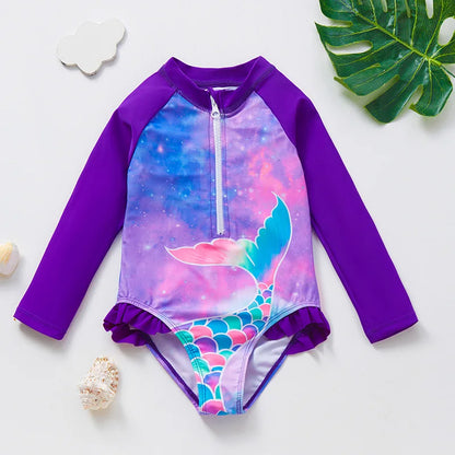Girls Swimsuit Long Sleeves One Piece Swimwear for Kids Toddler Leopard UPF50+ Rash Guards Infant Bathing Suit