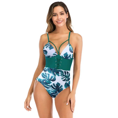 One Piece Swimsuit Swimwear Women Leaf Print Patchwork Hollow Cross Straps Backless Beachwear Bathing Suit