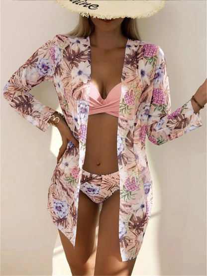 3 Pieces High Waist Bikini With Long Sleeve Kimono Swimsuit Women Print Swimwear Female Bathing Swimming Beach Suit Summer