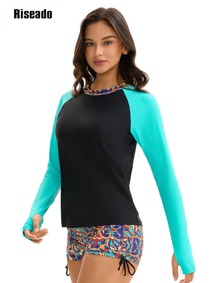Riseado Rash Guard Swimsuits for Women Sun Protection Uv UPF 50+ High Waist Two-Piece Long Sleeves Surf Suit Swimwear