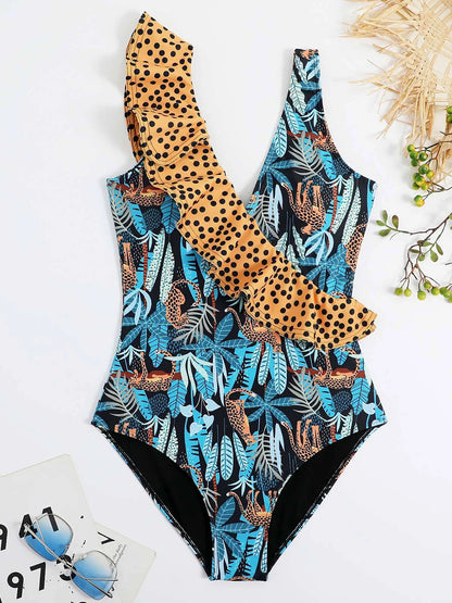 Feather Leaf Cheetah Printed One Piece Swimsuit Ruffle Swimwear Women Padded Bathing Swimming Suit Female Summer Bodysuit
