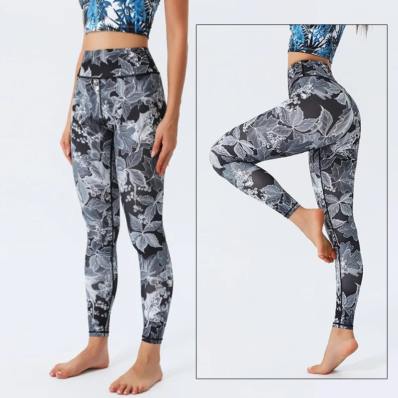 Yoga Pants Women High Waist Trainer Sports Leggings Long Tights Floral Push Up Running Trouser Workout Tummy Control