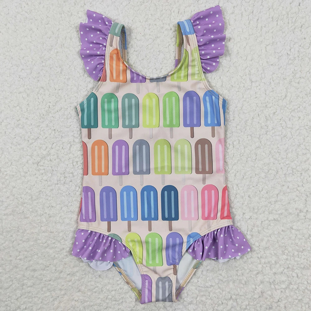 Colourful Designs Baby Girls Swimsuits Long Sleeve One Pieces Swimsuit Summer Fashion Kids Clothes Swimwear Boutique Girls Swim Clothes