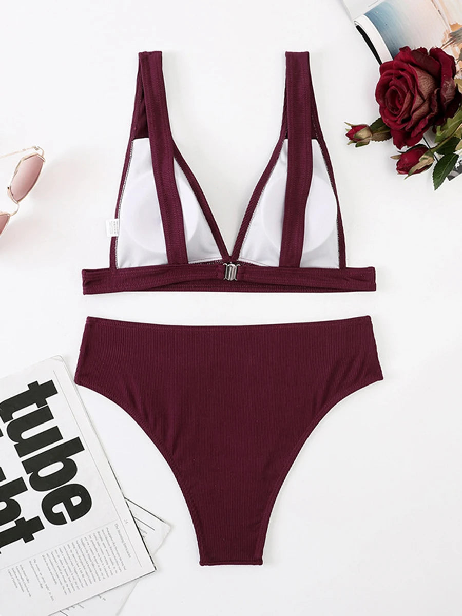 V Neck Bikini Women High Waist Swimsuit Female Padded Swimwear Bathers Bathing Swimming Swim Suit Summer Beachwear