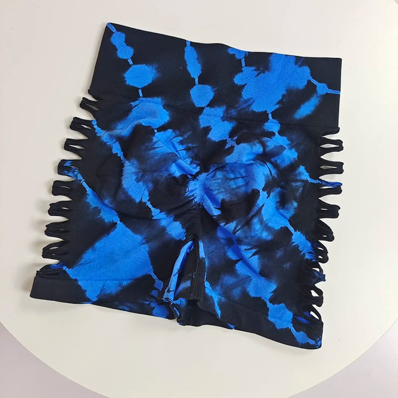 Women's Tie-Dye High-Waisted Yoga Shorts - Mid-Thigh, Side Cutouts, Butt-Lifting, Tummy-Control, Mesh Breathable for Fitness
