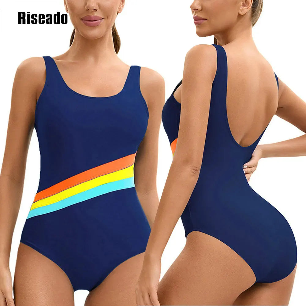 One Piece Swimsuit Women U Back Color Block Print Bathing Suits Athletic Modest Swimwear