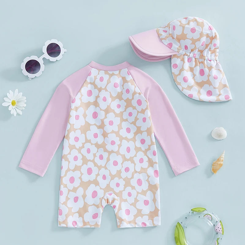 Toddler Girl Long Sleeve Swimsuit Floral Flamingo Print Half Zipper Non-Pilling Rash Guard Swimwear Sunhat Set