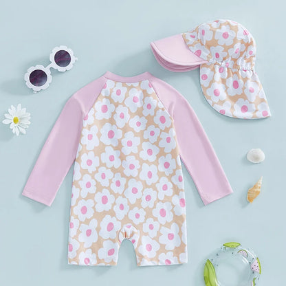 Toddler Girl Long Sleeve Swimsuit Floral Flamingo Print Half Zipper Non-Pilling Rash Guard Swimwear Sunhat Set