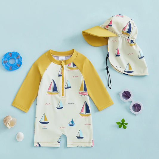 Children Swimsuit with Caps Fashion Sailboat Print Zip Up Long Sleeve Crew Neck Baby Boy Girl Swimwears Beach Wear