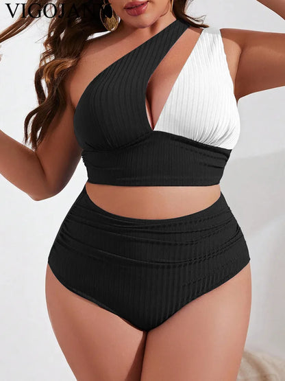 Solid Patchwork 2 Piece Plus Size Bikini Women One Shoulder Push UP Large Swimsuit Backless  Bathing Suit