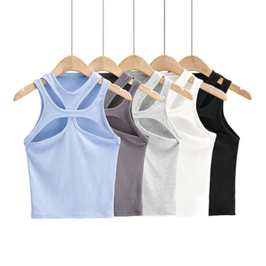 Asymmetrical Hollow Solid Color Knitted Round Neck Short-sleeved Summer Vest on The Chest