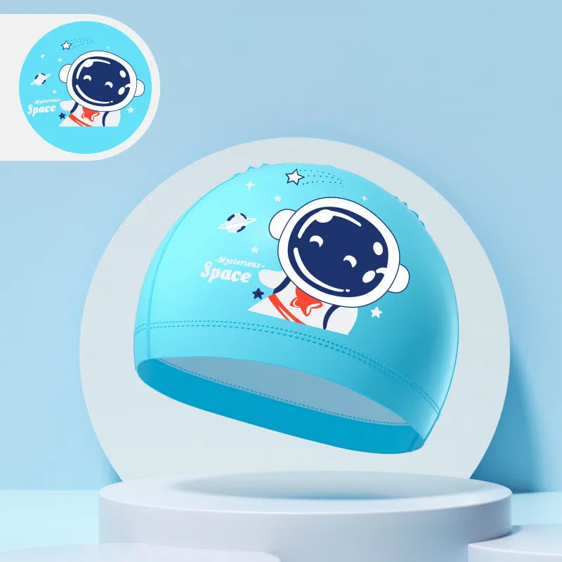Children's Swimming Caps Boys Girls Kids Cartoon Swim Hat High Elastic Ear Protection PU Waterproof Swimming Cap