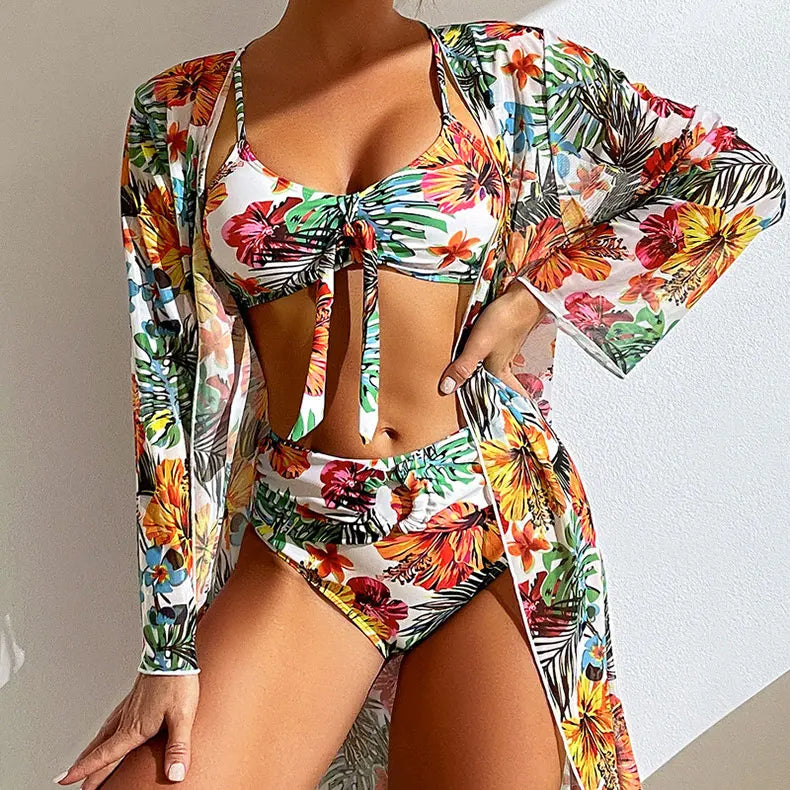 Split Three Piece Floral Printed Swimsuit Women Bikini Set Wireless Bra with Pad Sport Top Long sleeve Blouse Swimwear