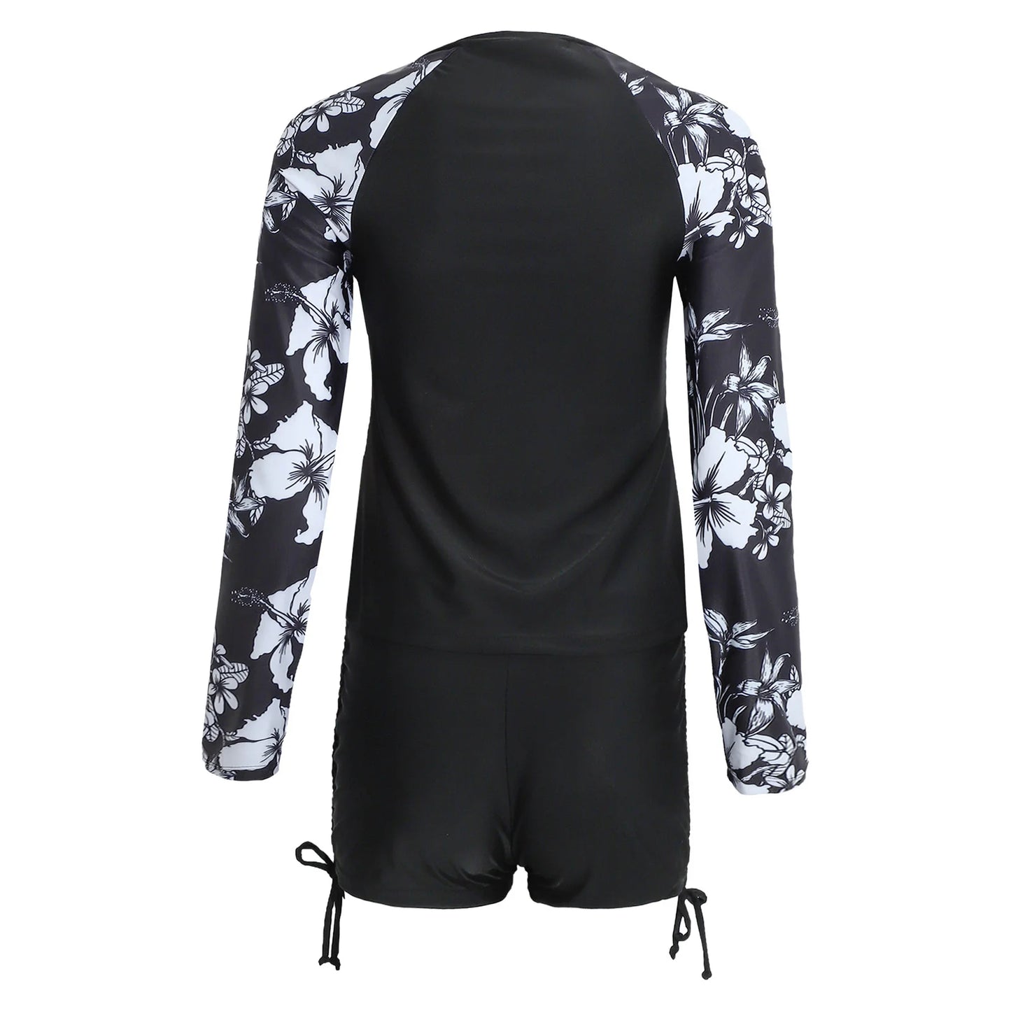 Womens Swimwear Athletic Swim Sets Print Long Sleeve Half Zipper Wireless Chest Pads Top with Side Drawstring Shorts Swimsuit