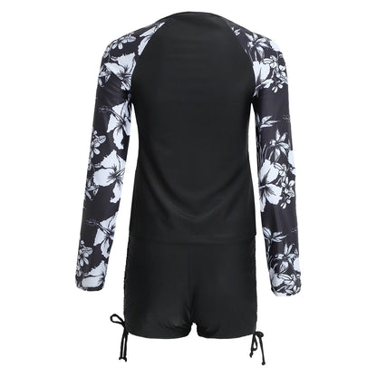 Womens Swimwear Athletic Swim Sets Print Long Sleeve Half Zipper Wireless Chest Pads Top with Side Drawstring Shorts Swimsuit