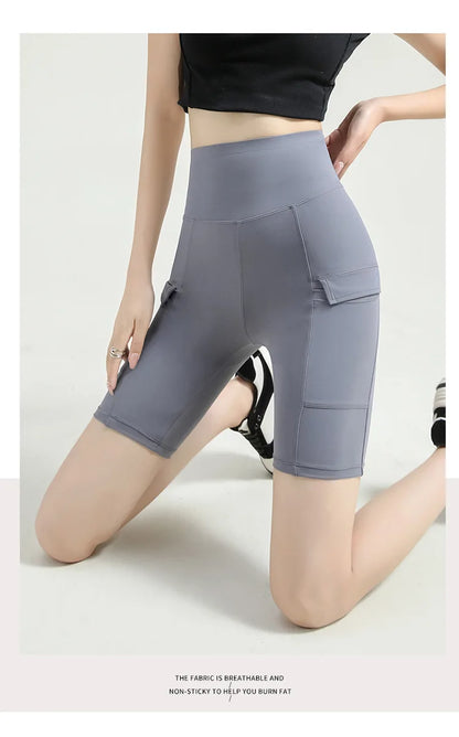 BIVIGAOS Summer New Cargo Pocket Shark Shorts Women's Sport Fitness Cycling Shorts High Waist Running Tight Biker Short Leggings