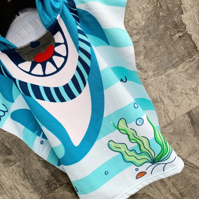 60X120cm Cartoon Kids Hooded Bath Beach Poncho Towels Shark Cute Bathrobe Toddler Boys Girls Cloak Child Bathing Stuff Quick Dry
