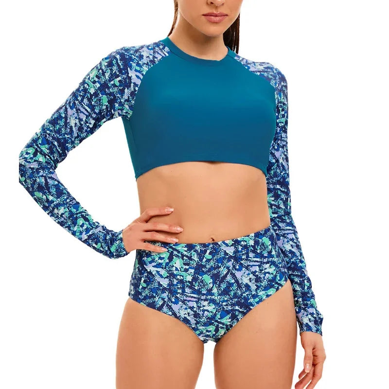 Long Sleeve Print Swimsuit Women 2-Piece High Waist Surfing Suit Bikini Round Neck Bathing Suit Summer Beach Swimwear