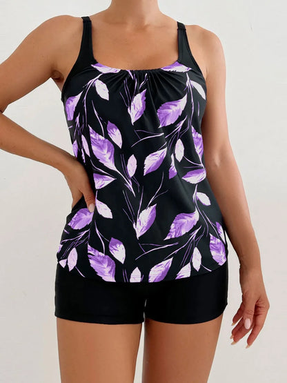 Strappy Tankini Leaf Printed Swimsuit Women Two Pieces High Waist Shorts Swimwear Female Bathing Swimming Suit Beachwear