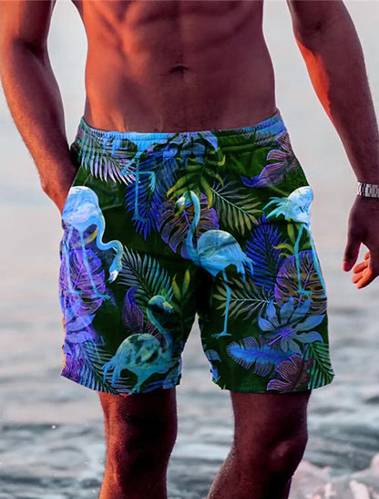 Men's Shorts Swim Trunks Drawstring Leaf Flamingo Graphics Quick Dry Short Casual Holiday Hawaiian Micro-elastic