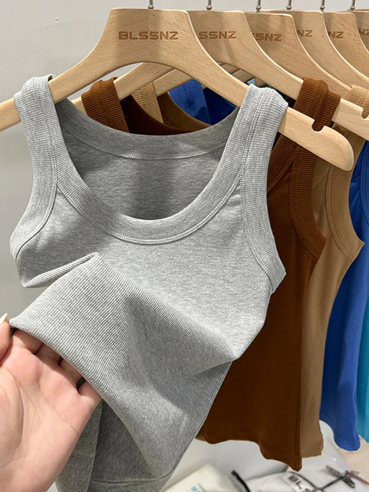 Women Solid Round Neck Ribbed Tank Top Camisole Women  Elastic Tank Top O Neck Solid Tank Top