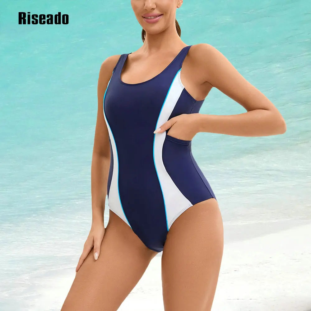 Riseado Modest Swimwear One Piece Sports Swimsuit with Pocket High Waist Racerback Athletic Bathing Suit