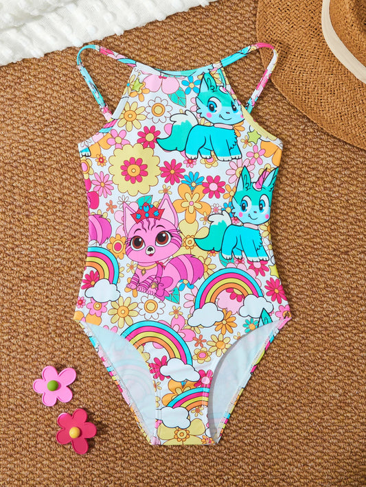 Printed Girls Swimsuit One Piece Kids Strappy Swimwear Children Swimming Bathing Swim Suit Beachwear