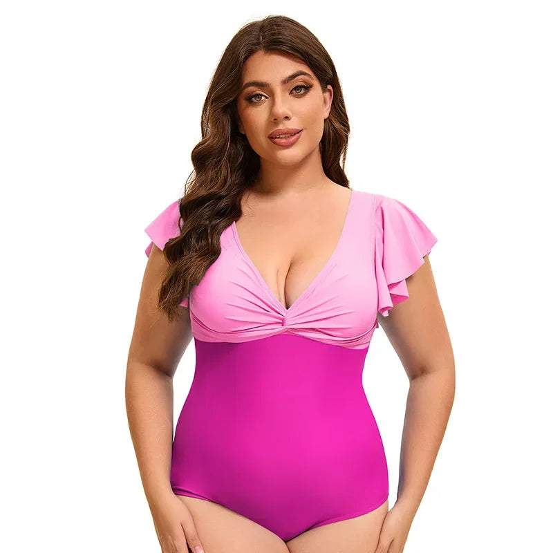 Swimsuit Plus Size Color Block One-Piece Swimsuit with Flounce Sleeves Swimwear XL-5XL